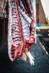 close up of the ribs and raw meat of a fresh killed pig hanging at the slaughterhouse 