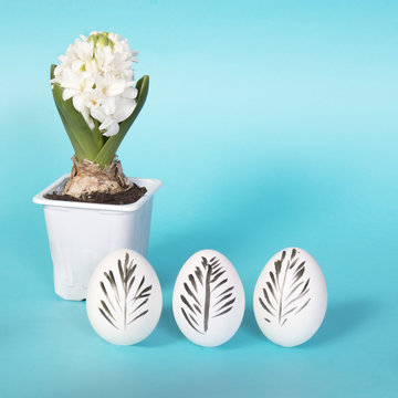 the White hen eggs decorated for easter on a blue background. A black feather is drawn on the egg.
