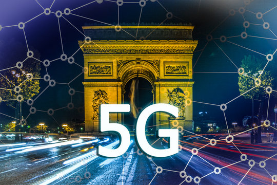 Digital composite of 5G with Paris night lights on the background.5G world summit event, High speed mobile web technology concept - Powered by Adobe