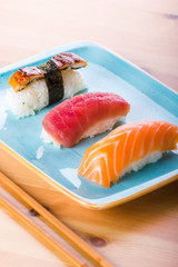 Assorted sushi nigiri on plate