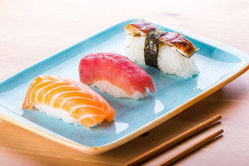 Assorted sushi nigiri on plate