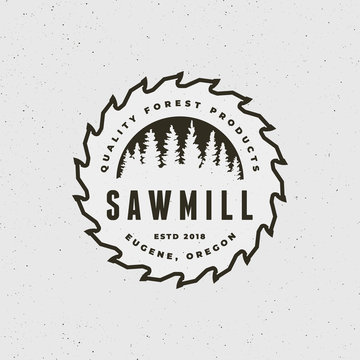 sawmill logo. retro styled woodwork emblem. vector illustration