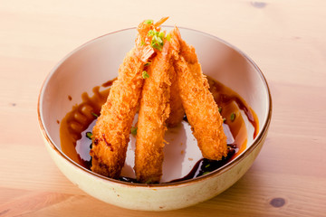 fried king prawns inside a bowl, japanese food