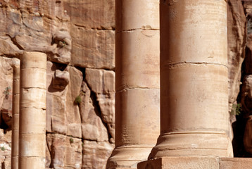 Roman columns next to the Nabataean amphitheatre in the rock town and necropolis of Petra