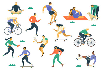 Fototapeta na wymiar Active young people. Healthy lifestyle. Roller skates, running, bicycle, run, walk, yoga Design element colorful Vector illustrations.