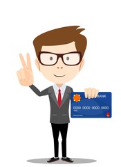 man holding plastic credit card and shows a sign of victory . Flat style. Stock vector illustration.