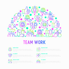 Fototapeta na wymiar Teamwork concept in half circle with thin line icons: group of people, mutual assistance, meeting, handshake, tug-of-war, cooperation, puzzle, team spirit, cooperation. Vector illustration for banner.
