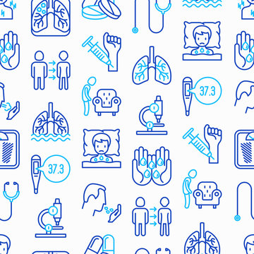 Tuberculosis seamless pattern with thin line icons: infection in lungs, x-ray image, dry cough, pain in chest and shoulders, Mantoux test, weight loss. Modern vector illustration.