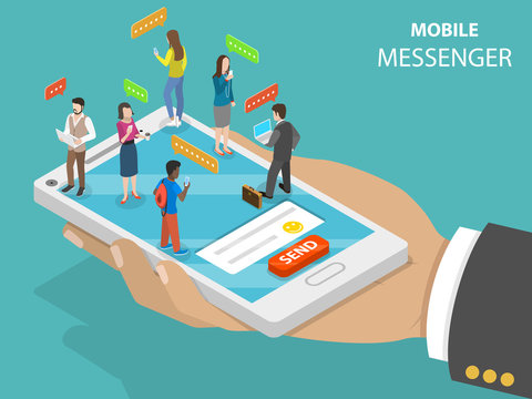 Mobile messenger flat isometric vector concept. Smartphone in the hand with chatting people on it.