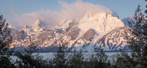 grand teton mountains in morning alpenglow