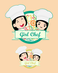 Collection of Cook Chef portraits in different situations. Child in a cook's cap and with a towel, holds a ladle. Kid makes gesture ok, holding dish with food. Logo design template for baby food. Set