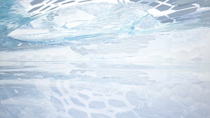 Abstract white and blue water parametric interior with window. 3D illustration and rendering.