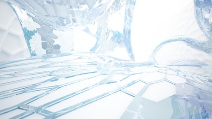 Abstract white and blue water parametric interior with window. 3D illustration and rendering.