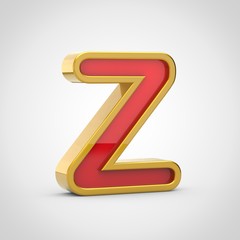 Gloosy red letter Z uppercase with golden outline isolated on white background.