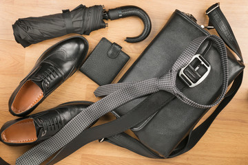 Beautiful classic men's accessories, leather briefcase, belt and shoes.