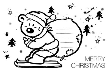 Cartoon polar bear Merry Christmas character. Cute polar bear wearing santa hat bring presents vector greeting card. Vector illustration in cartoon style. All in a single layer. Vector illustration.