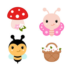 Collection of spring design elements - butterfly, bee, basket with flowers and mushroom. Vector.
