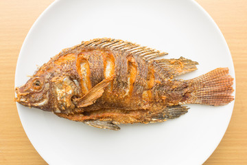 tilapia fish deep fried on white plate in top view