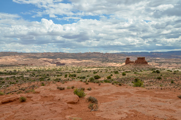 Fototapeta na wymiar sand and petirfied dunes surrounding Arches scenic drive Arches National Park, Moab, Grand County, Utah