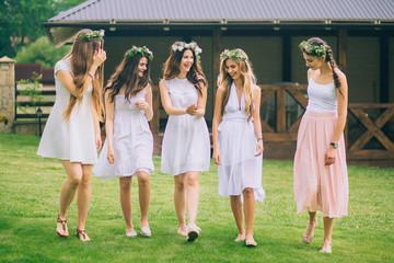 Girlfriends and bride celebrate hen party before the wedding