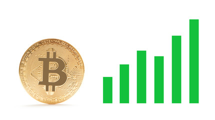 golden bitcoin with green graph up