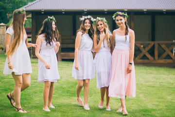 Girlfriends and bride celebrate hen party before the wedding