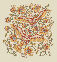 Decorative composition with ornamental birds and flowers. Folk pattern in muted red, green, blue and yellow colors. Vector illustration.