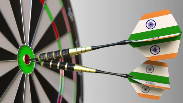 Indian national achievement. Flags of India on darts hitting bullseye. Conceptual animation