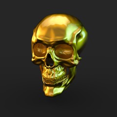 Golden glossy skull with light reflections isolated on black background