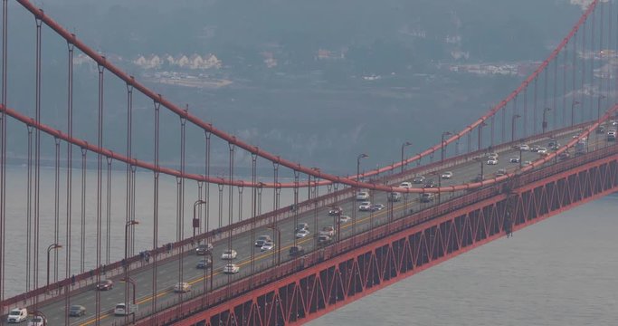 Heavy traffic on Golden Gate Bridge, connecting San Francisco to Marin County, close-up view