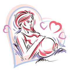 Pregnant woman elegant body silhouette placed in decorative heart shape frame, sketchy vector illustration. Love and gentle feeling concept.