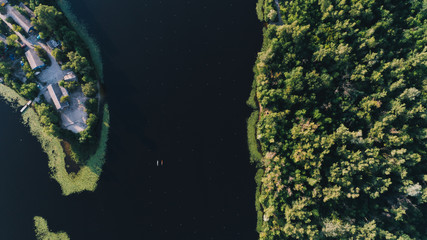 Aerial view of the forest. Canoe. River. Summer. Trees. Kiev. Ukraine.