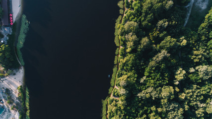 Aerial view of the forest. Canoe. River. Summer. Trees. Kiev. Ukraine.