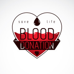 Blood donation inscription made with heart shape and blood drops. Charity and volunteer conceptual logo for use in medical and social theme advertisement.