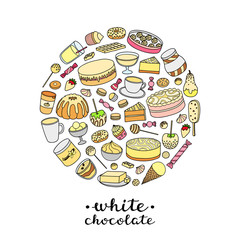 Doodle white chocolate products in circle.