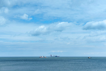 Marine petroleum platform. Drilling rig oil rig at sea. A drilling rig in the sea. Offshore oil wells.