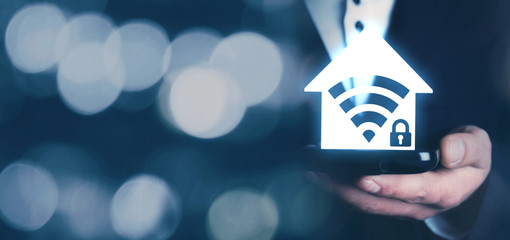 Man showing home wifi security icon.