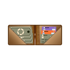 An open brown leather purse with money and credit cards on a white background. Vector illustration.