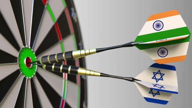 Flags of India and Israel on darts hitting bullseye of the target. International cooperation or competition conceptual animation