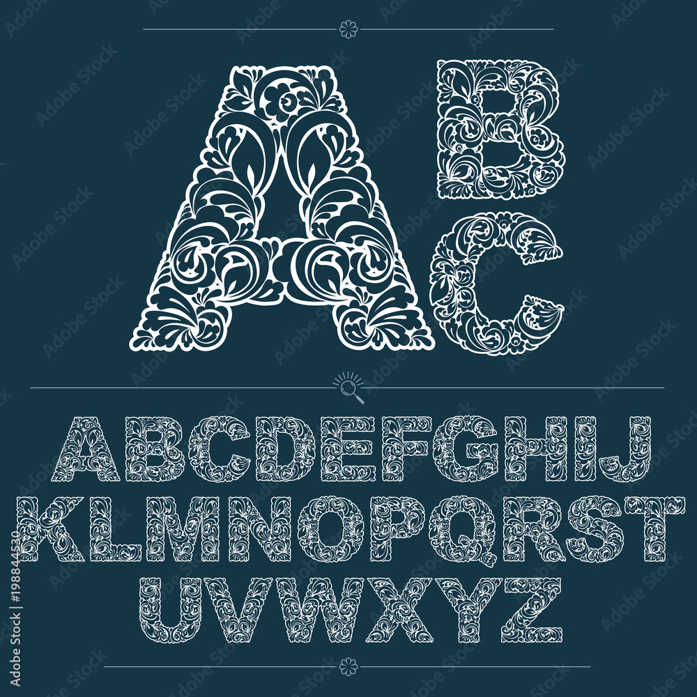 Poster set of vector ornate capitals, flower-patterned typescript. black and white characters created using