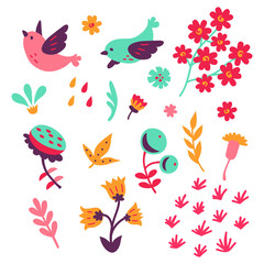 Vector collection of bird and bloom elements