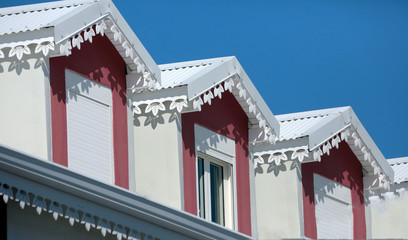 dormer window decorated with fllora pattern on eaves, Guadeloupe, Lesser Antillers, Caribbean