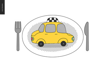 From point A to point B - a taxi yellow cab on the plate with cutlery - fork and knife - a concept of transportation service