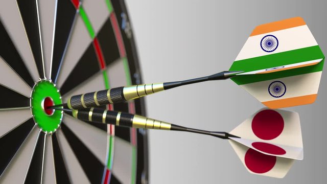 Flags of India and Japan on darts hitting bullseye of the target. International cooperation or competition conceptual animation
