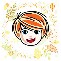 Cute girls face, human head. Vector redhead character, smiling girl face features.