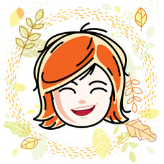 Cute girls face, human head. Vector redhead character, smiling girl face features.