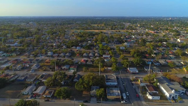 Aerial lateral footage urban ghetto city neighborhoods 4k