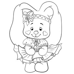 Bunny with a decorated holiday cake, a black and white vector illustration for a coloring book