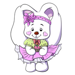 Hare stands with cake in hand. celebrate your birthday. cartoon character girl.