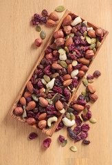 Close-up  mix different of nuts and dried fruits.